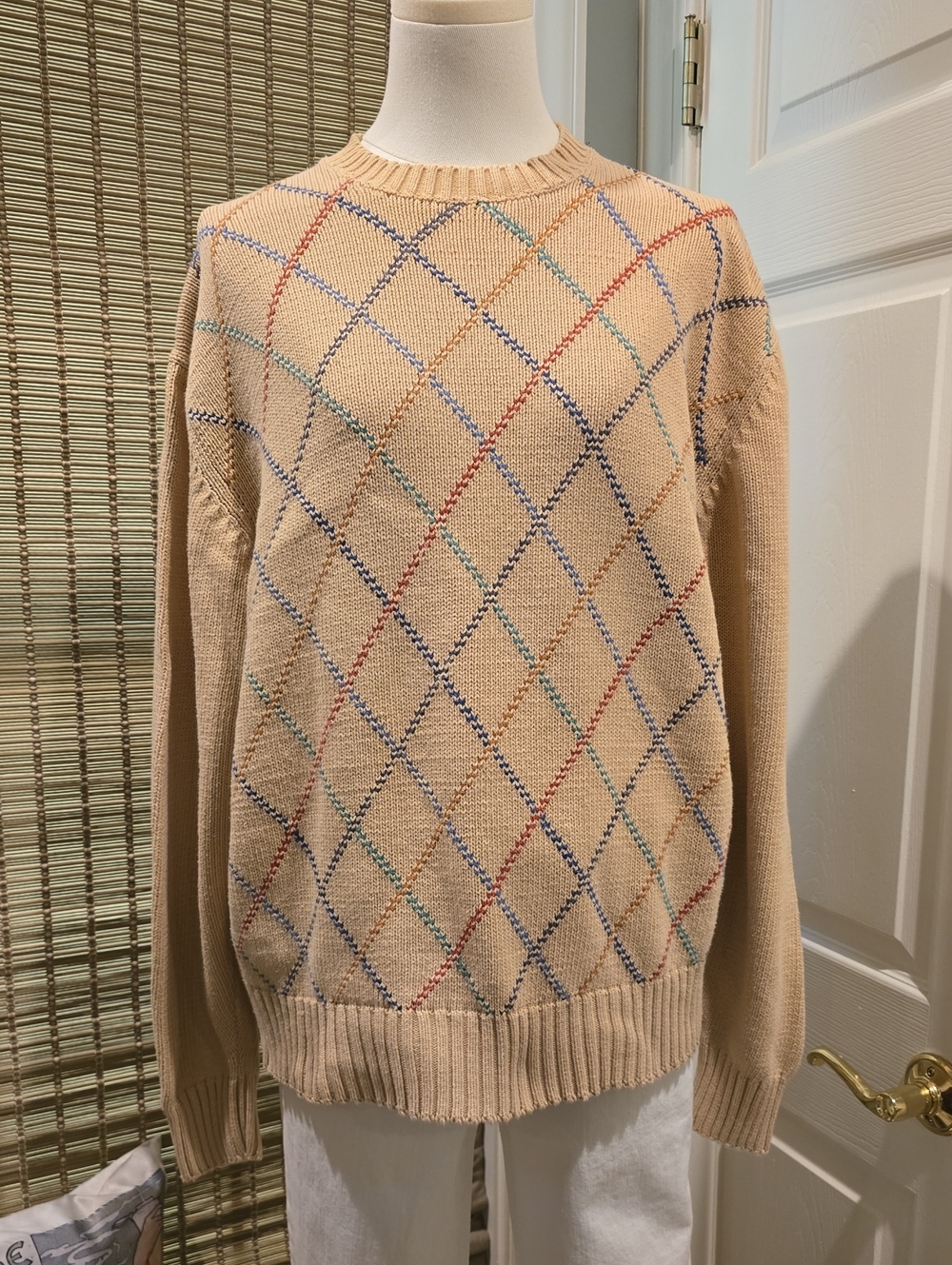 Alan Flusser Beige Argyle Crewneck Sweater with Multicolor Diamond Stitch